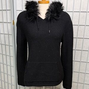 Angela Mara, Stylish Black Sweater with Faux Fur Hood, Size Large